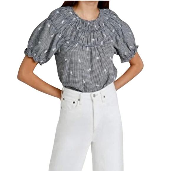 Madewell Tops - Madewell Embroidered Gingham Shirred Puff-Sleeve Top M